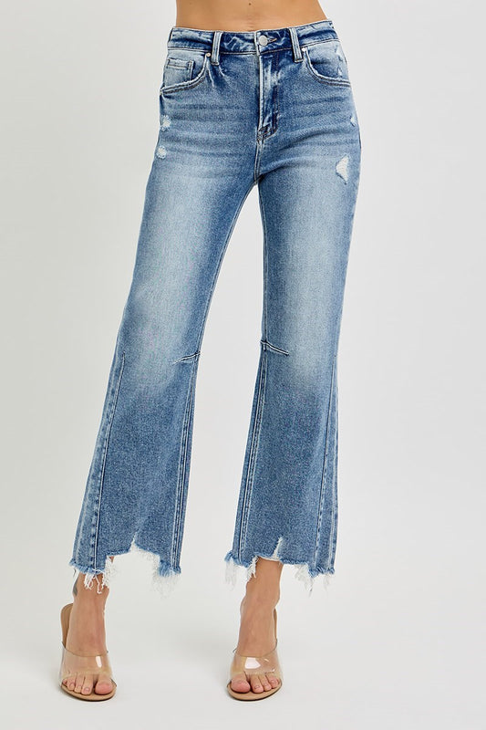 Risen Medium Wash High-Rise Crop Straight Distressed Hem Jeans