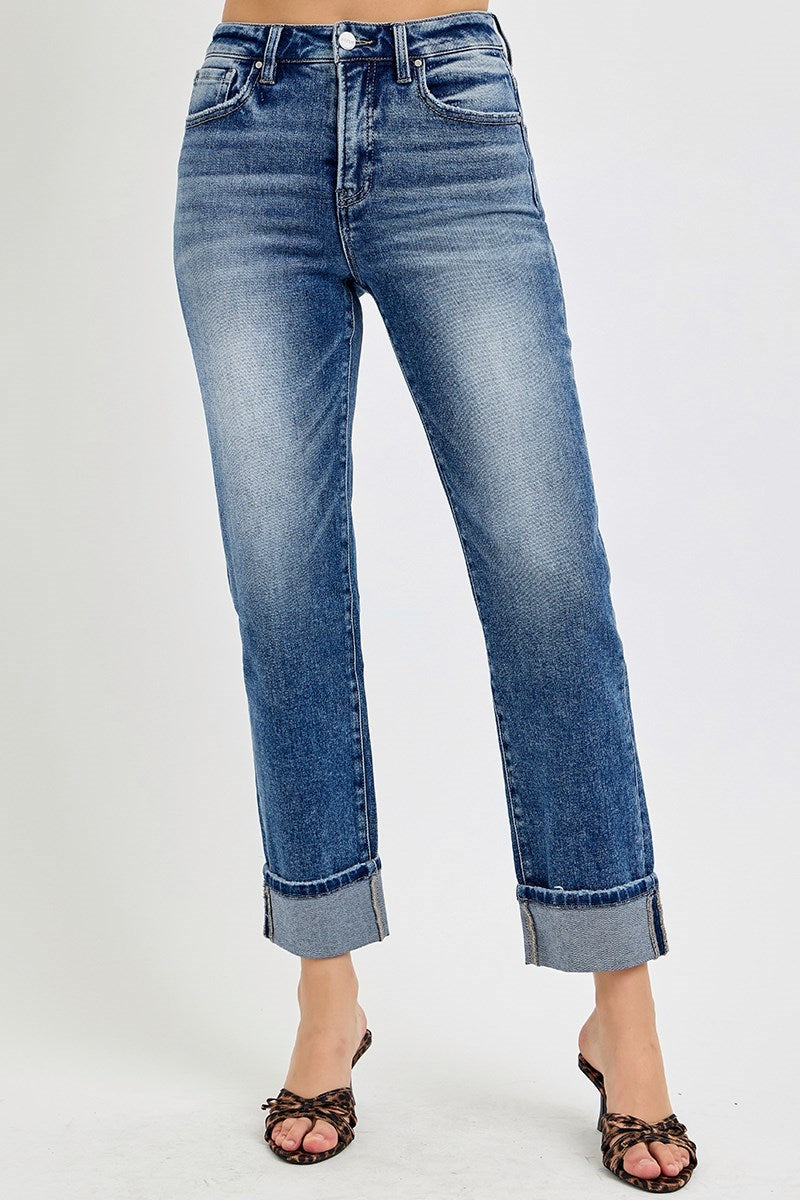 Risen Dark Denim Tummy Control Cropped Straight Jeans