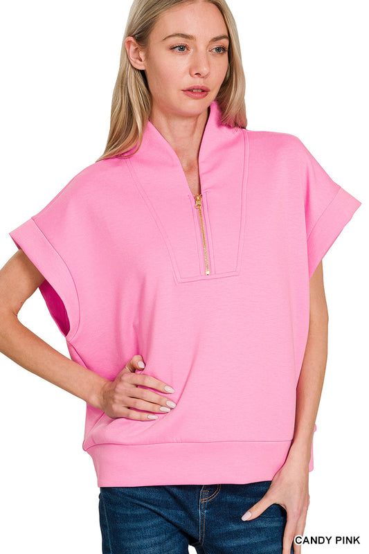 Candy Pink Scuba High Neck Half Zip Vest Top