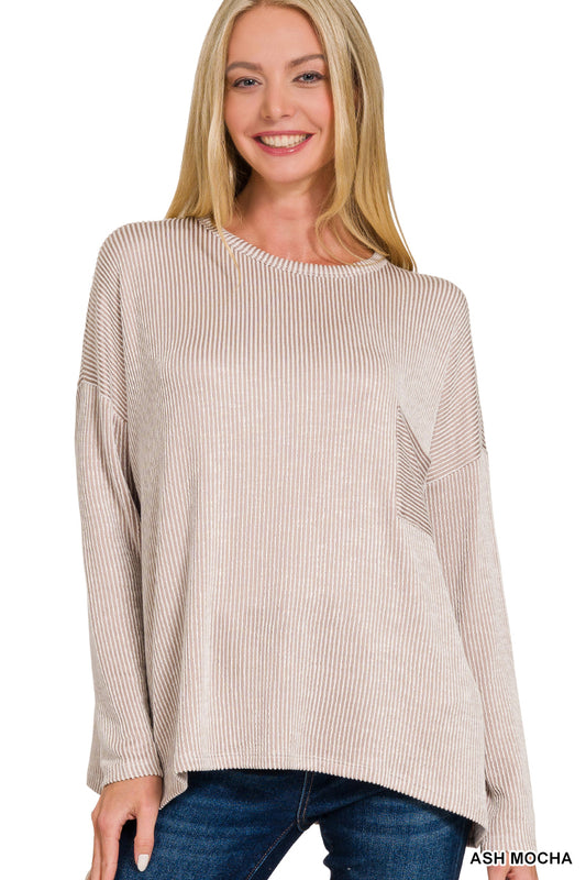 Zenana Ash Mocha Ribbed striped oversized long sleeve top