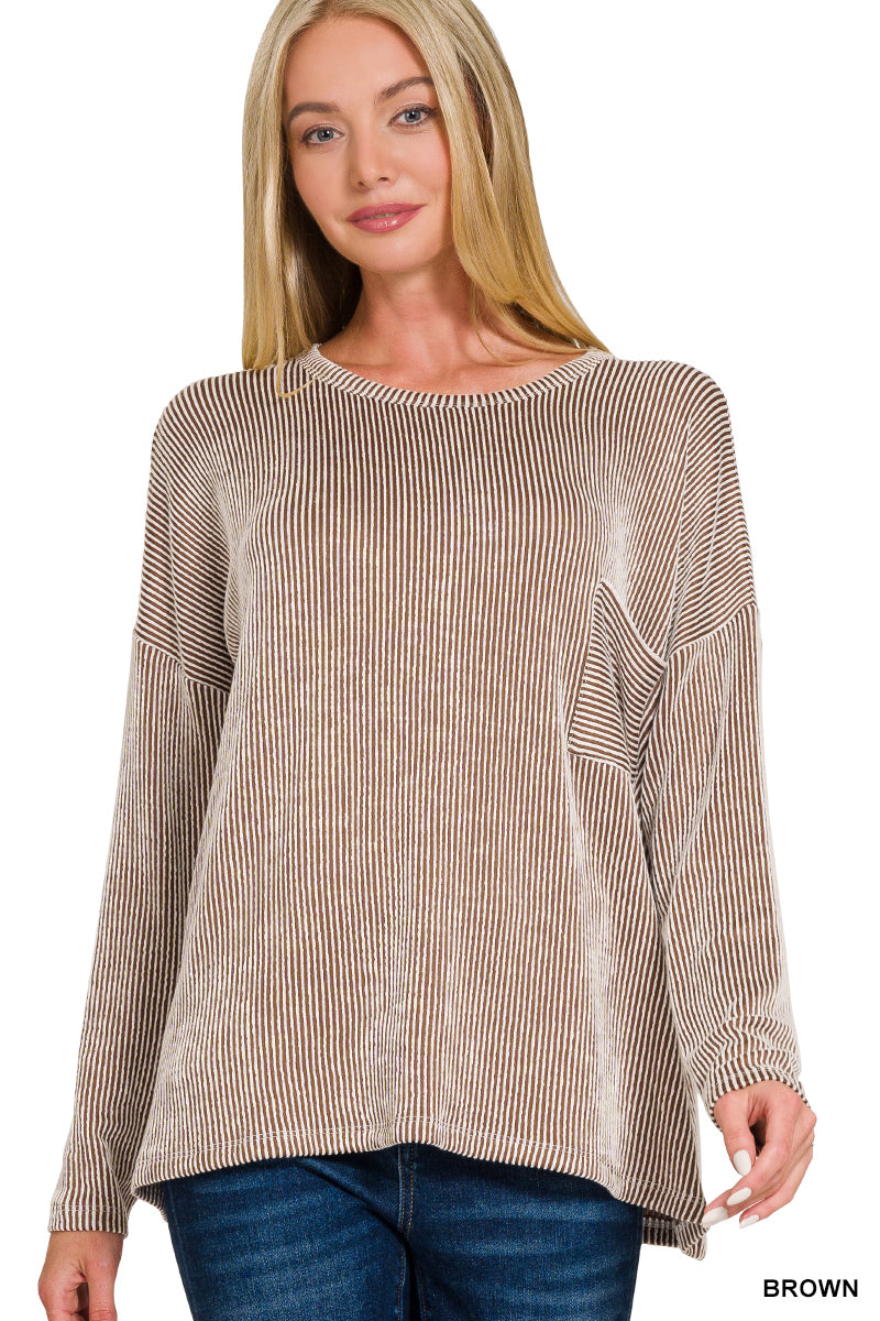 Zenana Brown Ribbed striped oversized long sleeve top