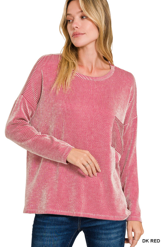 Zenana Dark Red Ribbed striped oversized long sleeve top
