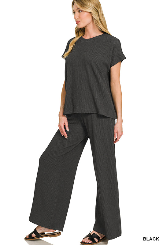 Black Raised Rib Relaxed Top & Pants Set