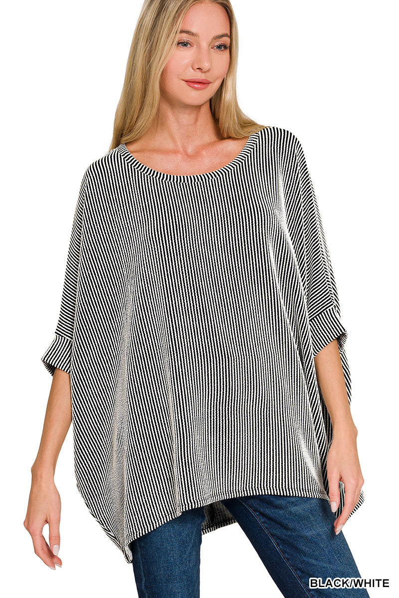 Zenana Black/white Raised rib bat sleeve top