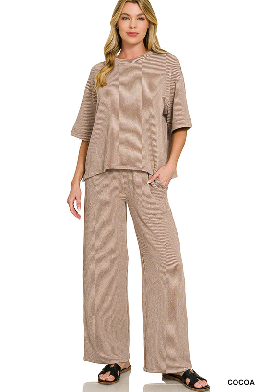 Cocoa Raised Rib Short Sleeve Tee & Pants Set