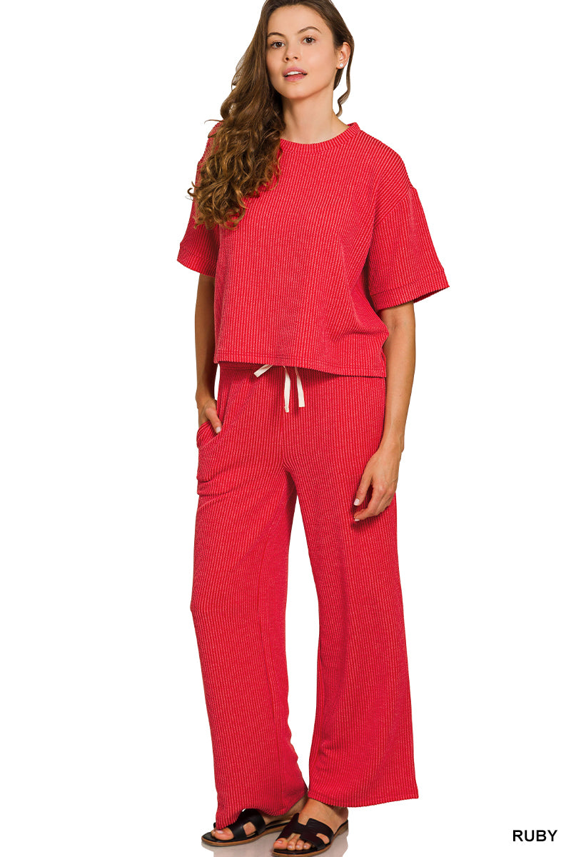 Ruby Raised Rib Short Sleeve Tee & Pants Set