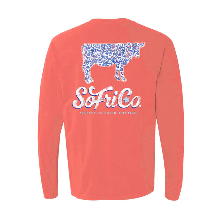 Southern Fried Paisley Cow Long Sleeve Tee in Bright Salmon