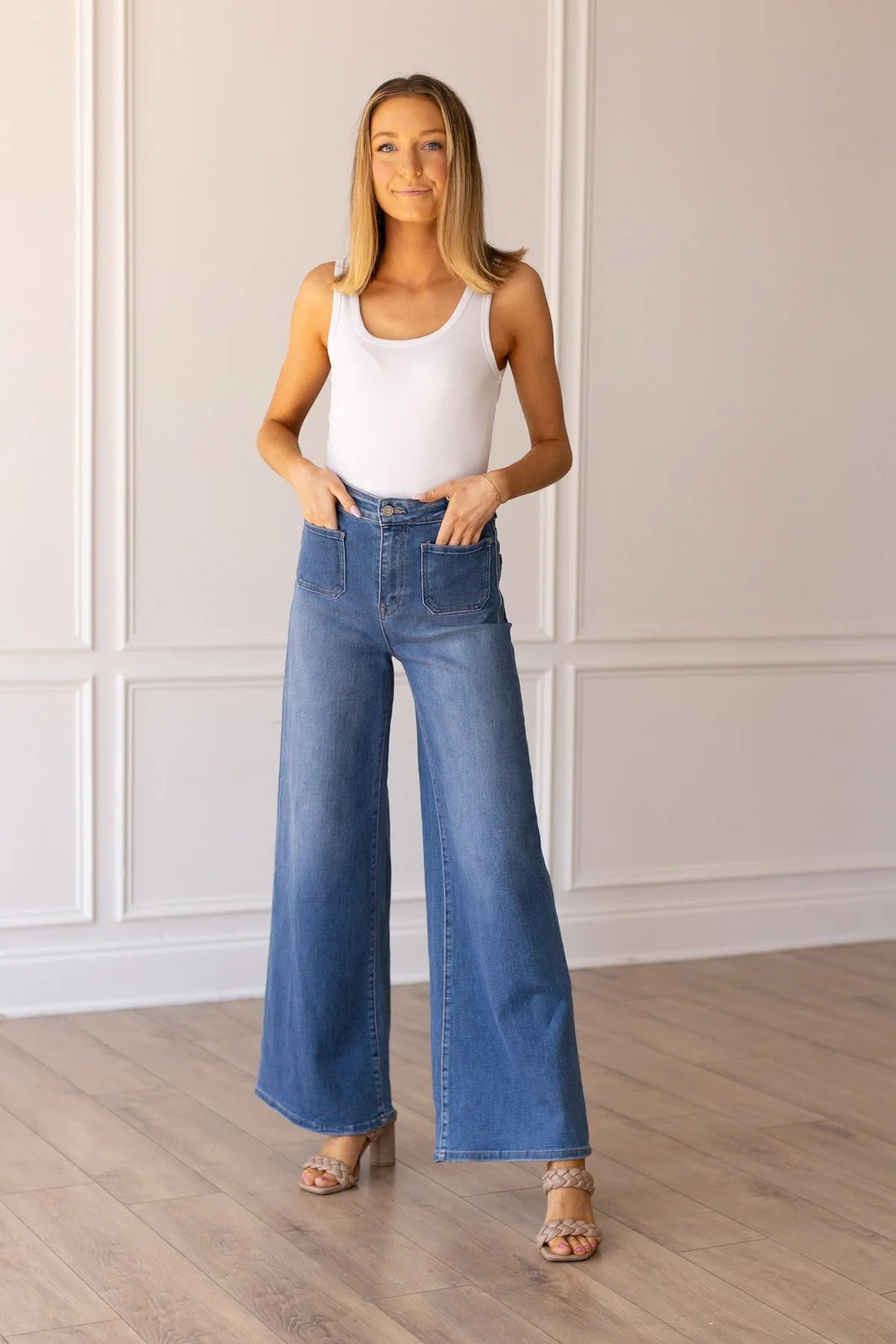 Medium Wash Wide Leg Flare with Front Pockets