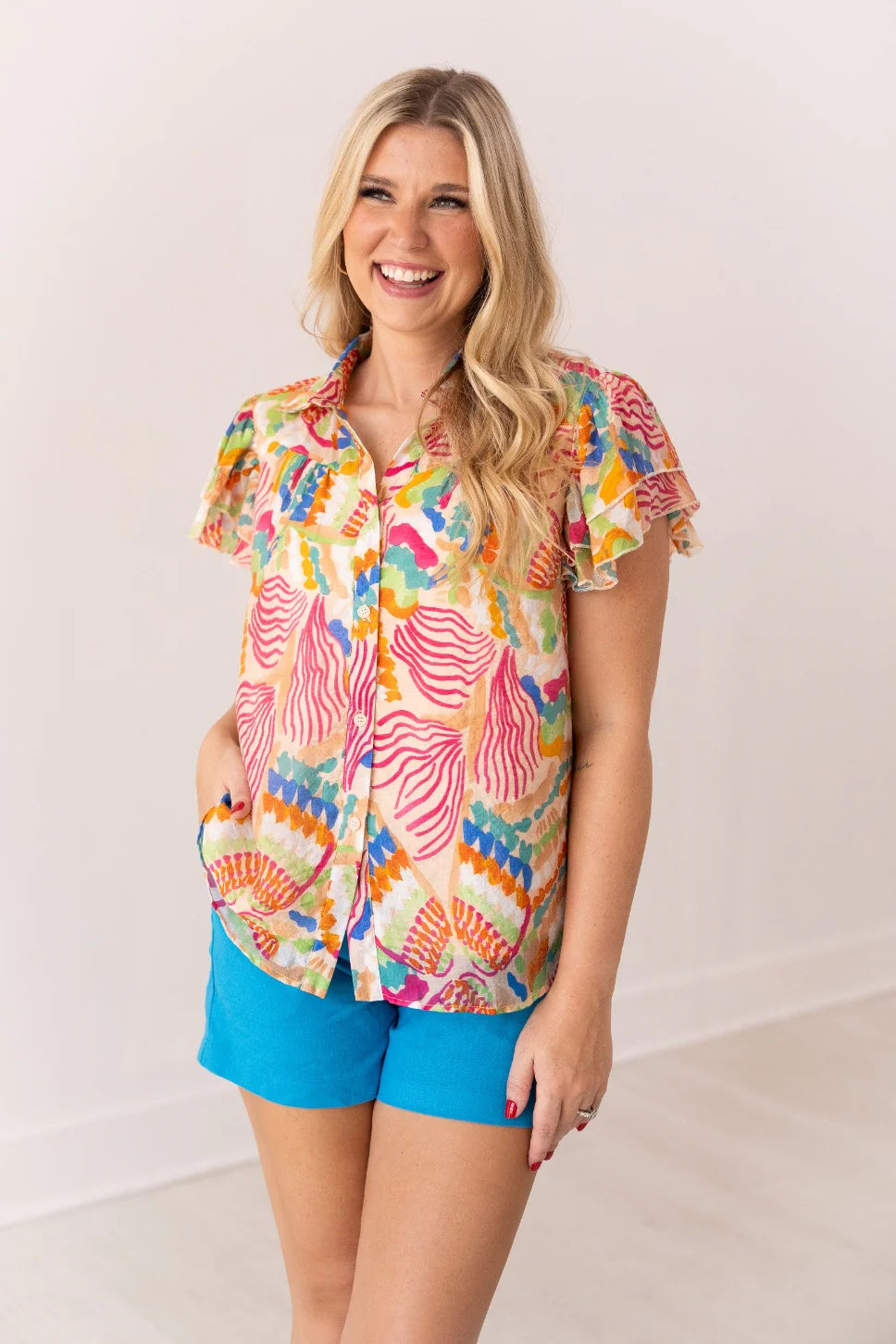 Grace+Emma Tropical Print Top Flutter Sleeves