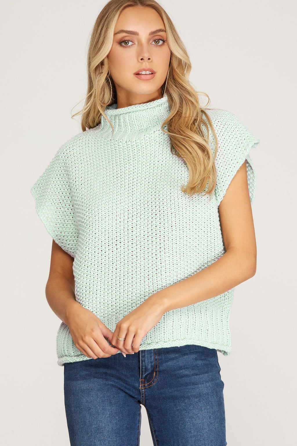 Mint Drop Shoulder sleeveless mock neck knit sweater top