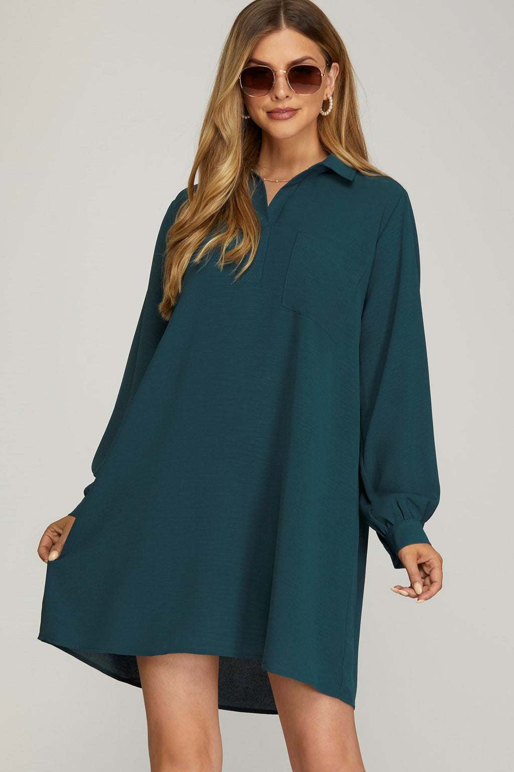 Teal Green Long Sleeve Woven Collared Dress