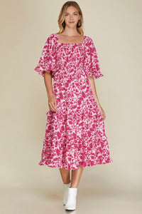 Pink Floral Smocked Midi Dress