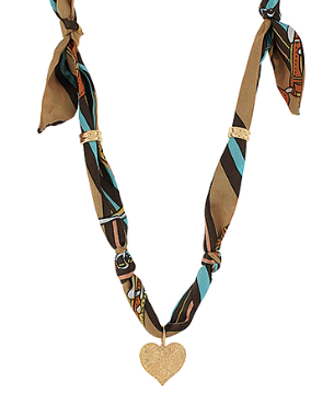 Brown and Gold Scarf Necklace with Heart Pendant