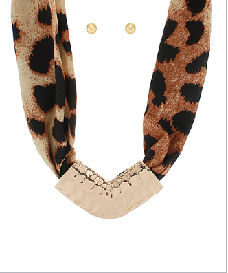 Gold and Leopard Scarf Necklace with Gold V