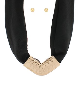 Gold and Black Scarf Necklace with Gold V