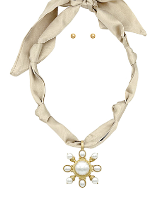 Taupe Silk Scarf Necklace with Large Gold Pendant
