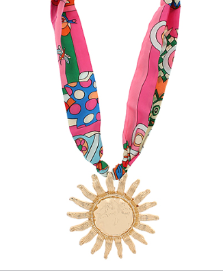 Bright Colored Scarf Necklace with Large Sun Pendant
