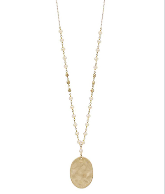 Ivory and Gold Beaded Long Necklace with Oval Pendant