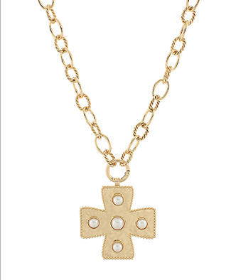 Chained Gold Necklace with Pealred Cross Pendant