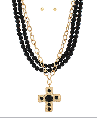Gold and Black Beaded Necklace with Cross Pendnant
