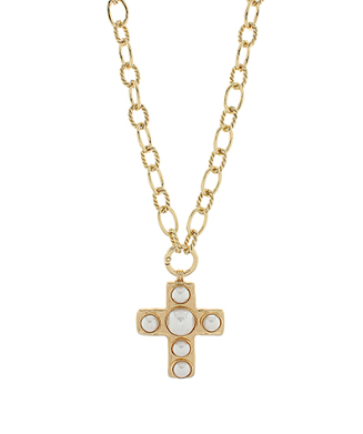 Gold Chunky Pearled Cross Pendant Necklace