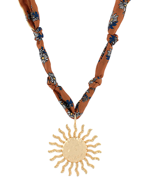 Brown/Gold Floral Scarf Necklace with Large Sun Pendant