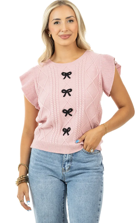 Katydid Light Pink Ruffle Sleeve Bow Knitted Blouse