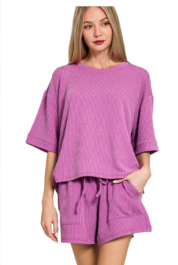 Zenana Light Plum Raised Rib Short Sleeve Short Set