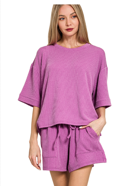 Zenana Light Plum Raised Rib Short Sleeve Short Set