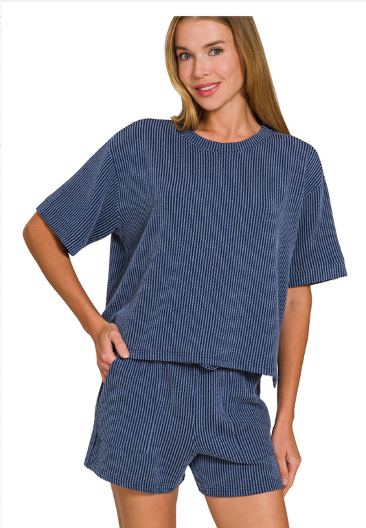 Zenana Navy Raised Rib Short Sleeve Short Set