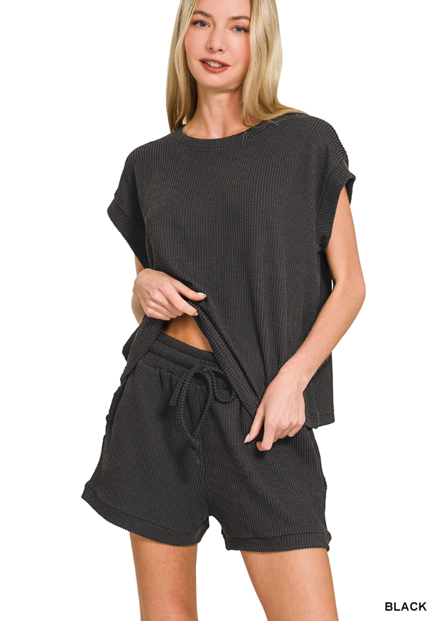 Zenana Black Raised Rib Short Sleeve Short Set