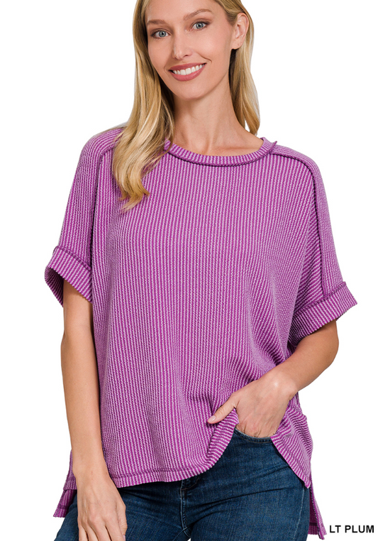 Zenana Raised Rib Cuff Sleeve Raw Edge Top