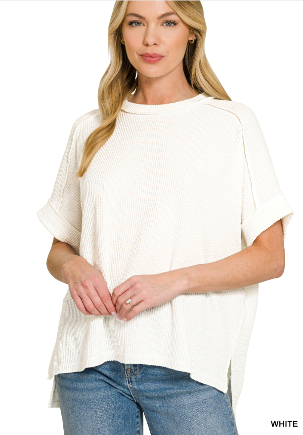 Zenana White Raised Rib Cuff Sleeve Raw Edge Top