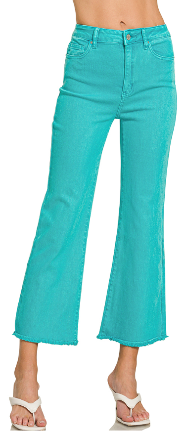 Zenana Acid Wash High Waisted Frayed Hem Bootcut Pants Turquoise