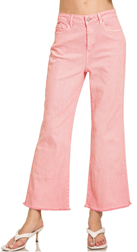 Zenana Acid Washed High Waisted Frayed Hem Bootcut Pants Pink