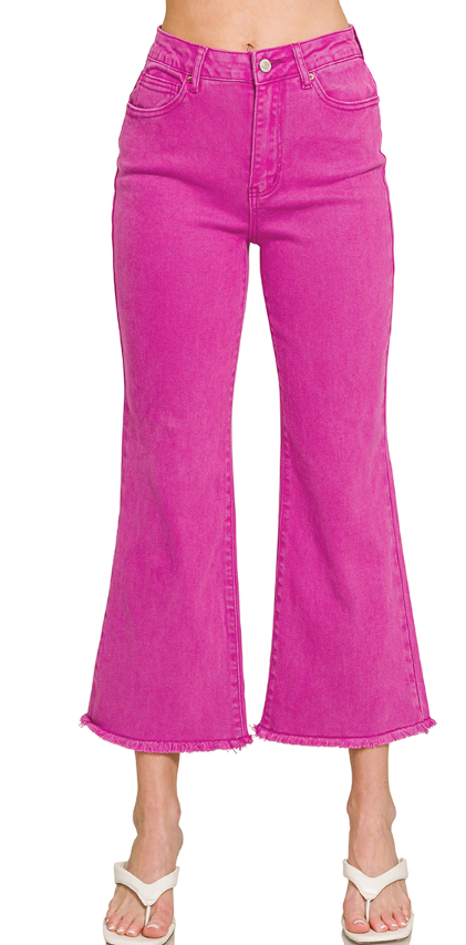 Zenana Acid Washed High Waisted Frayed Hem Bootcut Pants Magenta