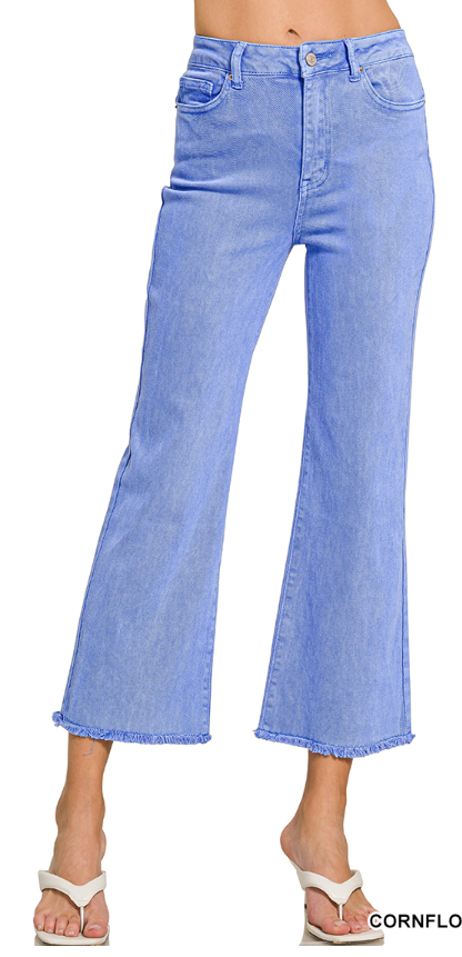 Zenana Acid Washed High Waisted Frayed Hem Bootcut Pants Cornflower Blue
