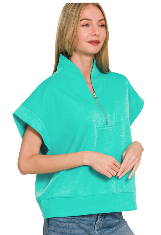 Zenana Scuba High Neck Half Zip Vest Turquoise