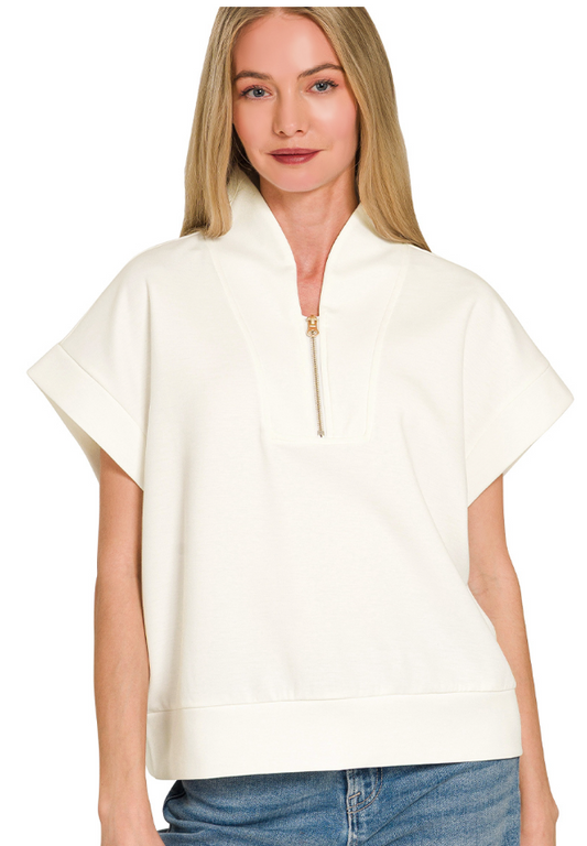 Zenana Scuba High Neck Half Zip Vest Ivory
