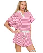 Zenana Striped Collared Top & Shorts Set Ruby