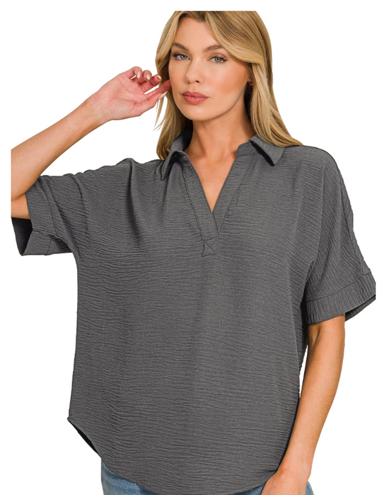 Zenana Woven airflow collared v-neck short sleeve top Ash Grey