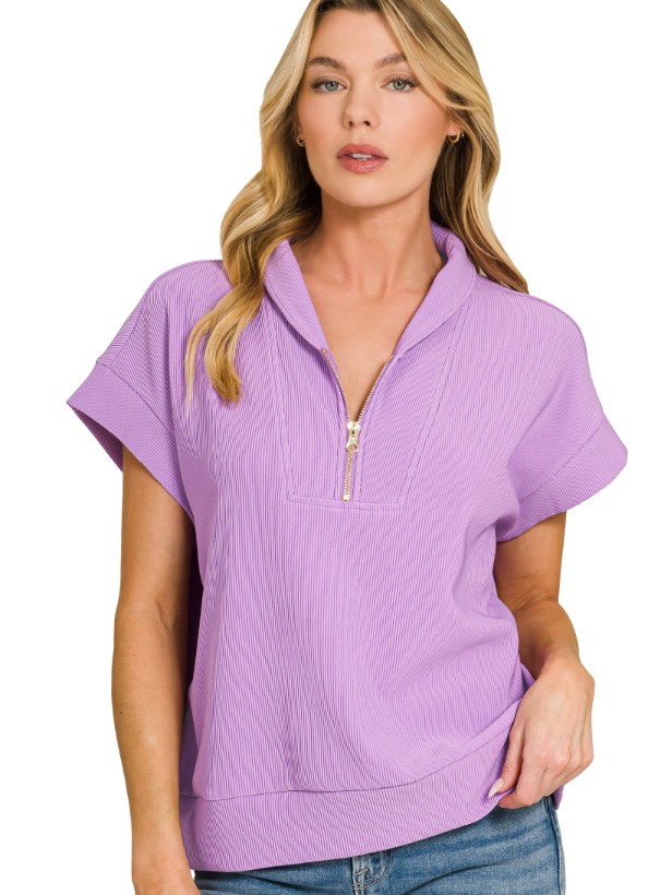 Lavender Ribbed High Neck Half Zip Top