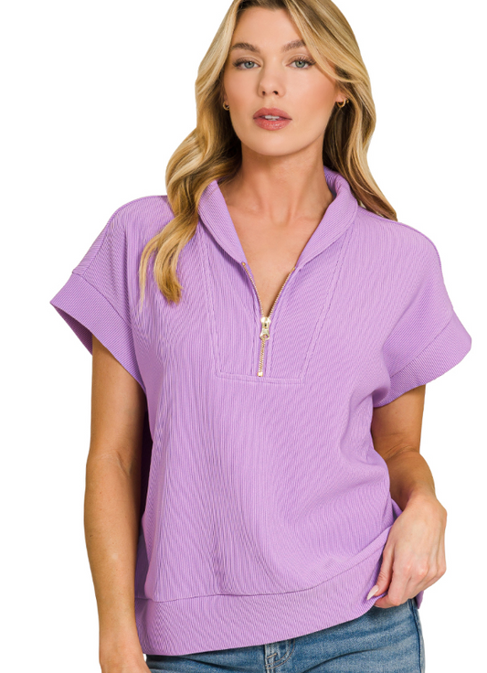 Lavender Ribbed High Neck Half Zip Top