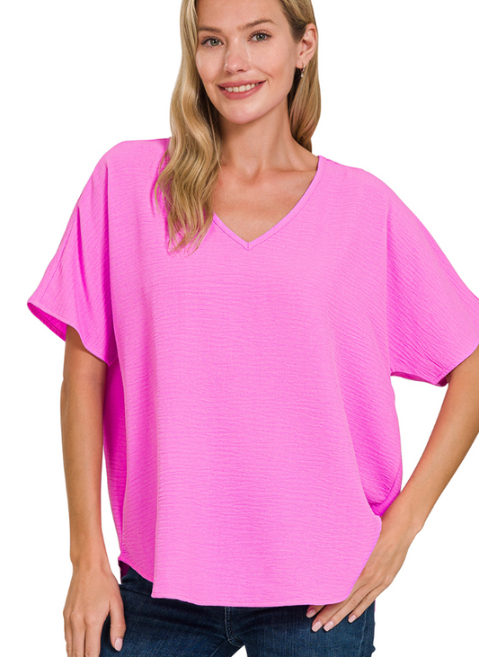 Zenana Woven airflow v-neck short sleeve top Bright Mauve