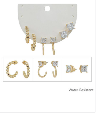 3 Set Sqaure Crystal Hoop Earrings