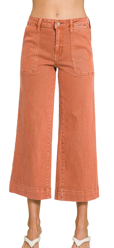 Cropped wide leg color denim pants - Rust