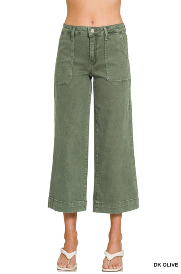Cropped Dark Olive wide leg color denim pants