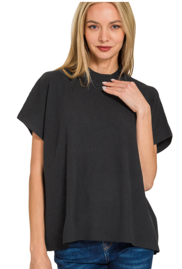 Viscose mock neck short sleeve boxy sweater
