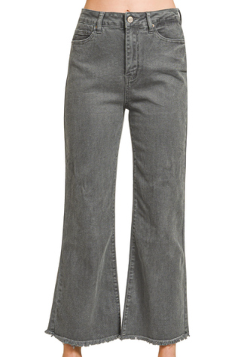 Acid Washed High Waist Frayed Hem Bootcut Pants