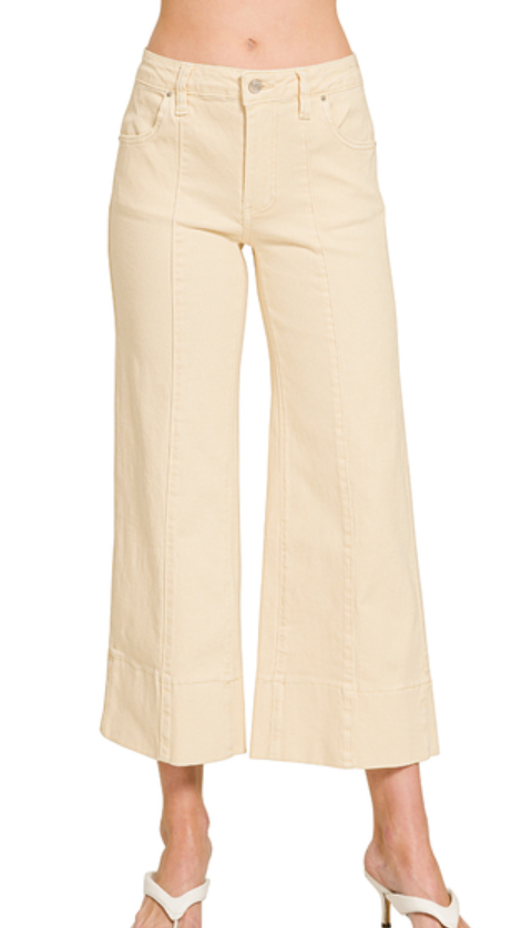 Mid rise wide leg cropped color denim pants